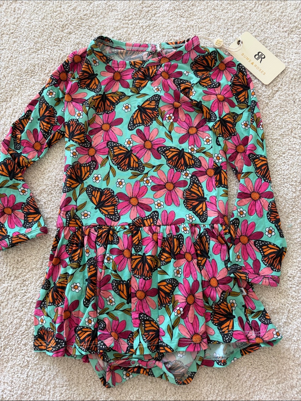 Bums & Roses Floral & Monarch Butterfly Ruffle Dress - Mint & Pink